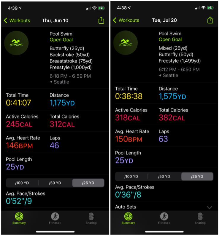 The comparison of 2 workouts, screenshots from Apple watch tracker