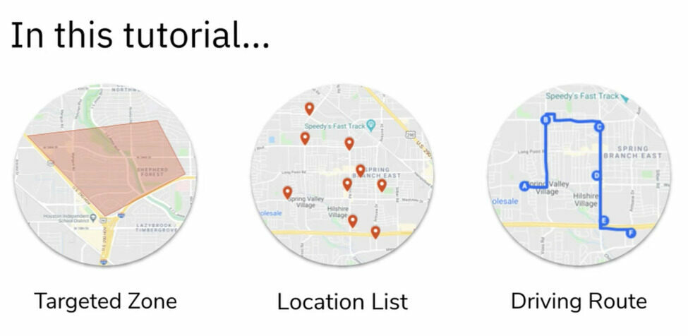 Tutorial content visualization: targeted zones, location list, driving route