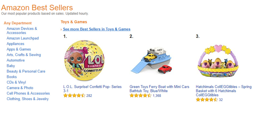A screenshot of best selling goods on Amazon