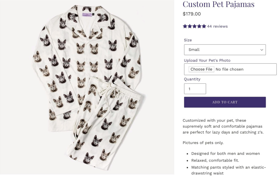 A screenshot of custom pet pajamas