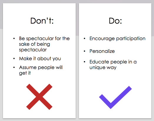 The comparison of do's and don'ts to engage the team