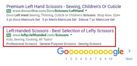 A screenshot of Google search for left hand scissors