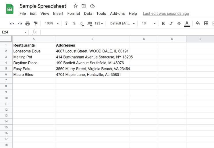 Sample spreadsheet