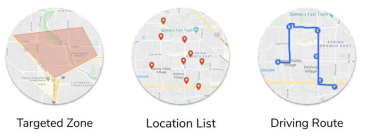 Targeted zones, location list, driving route