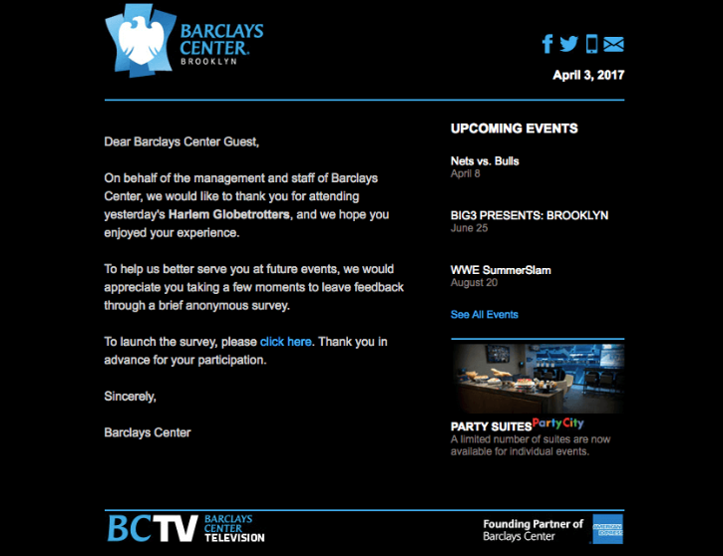 A screenshot of the email from Barclays event center