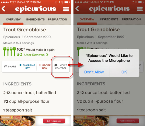 A screenshot of epicurious app